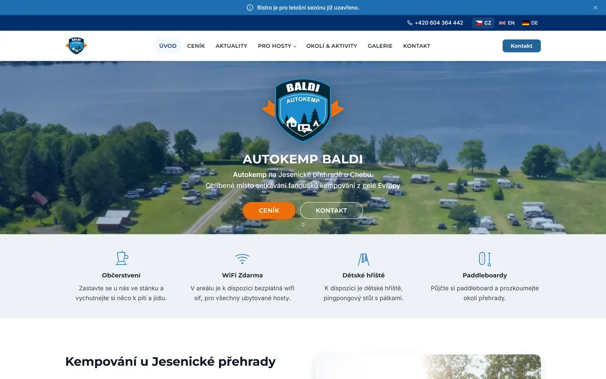 Titulní strana webu Autokempu Baldi