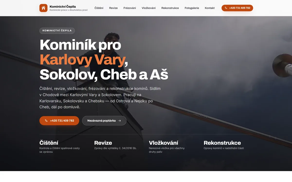 Titulní strana webu Kominictví Čepila
